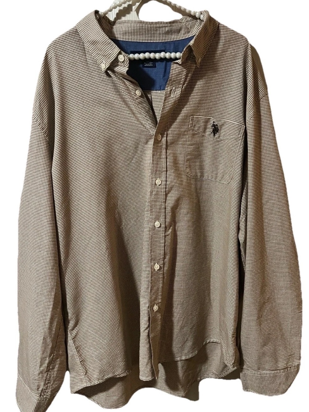 US Polo Assn . Men Brown White Gingham Long Sleeve Button Down Shirt 2XL